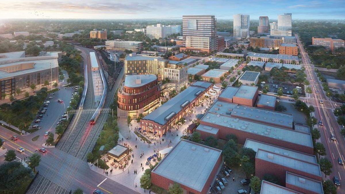 An aerial rendering of The Depot at 327 W. Davie St. in the Depot Historic District in Raleigh.