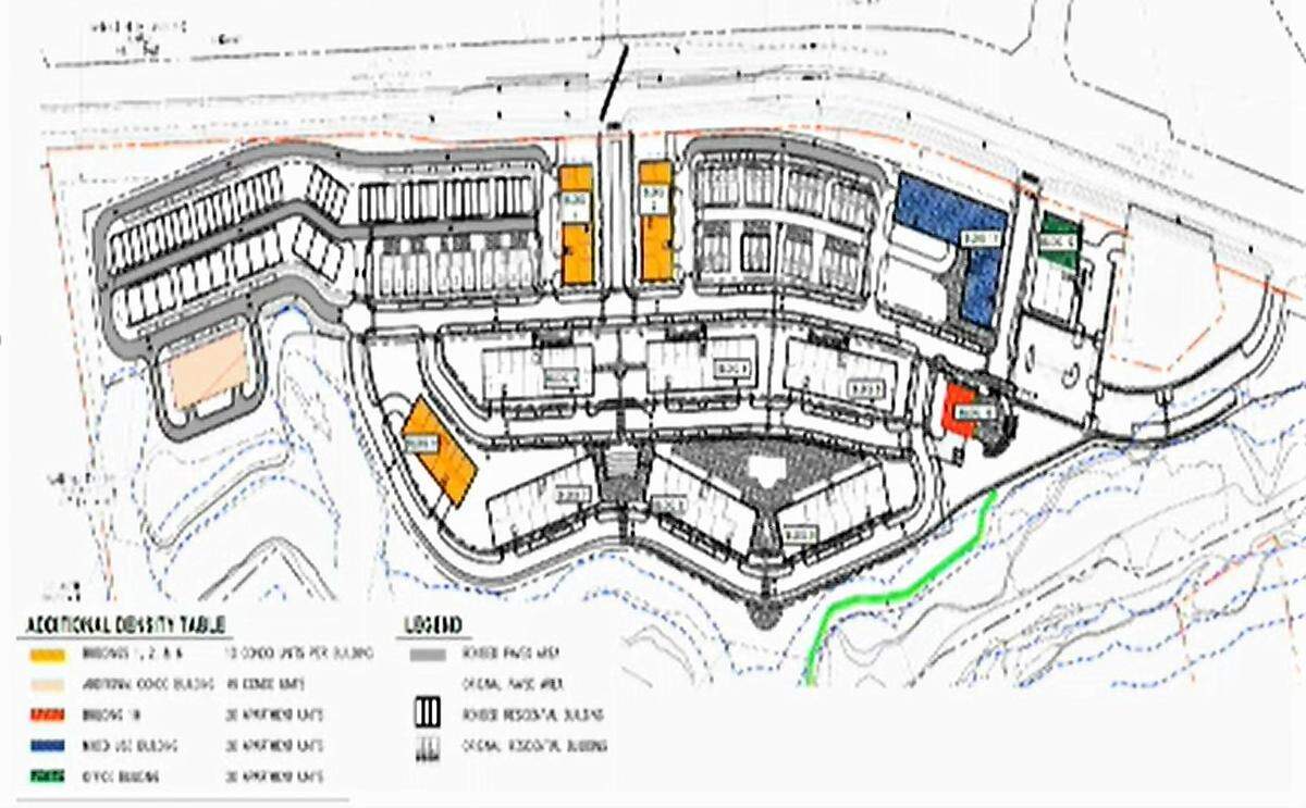 Developer Beechwood Homes will build hundreds of apartments, townhomes and condos on roughly 43 acres of land across U.S. 15-501 from Southern Village in Chapel Hill. The project also includes over 54,000 square feet of retail (shown in blue, green and red).