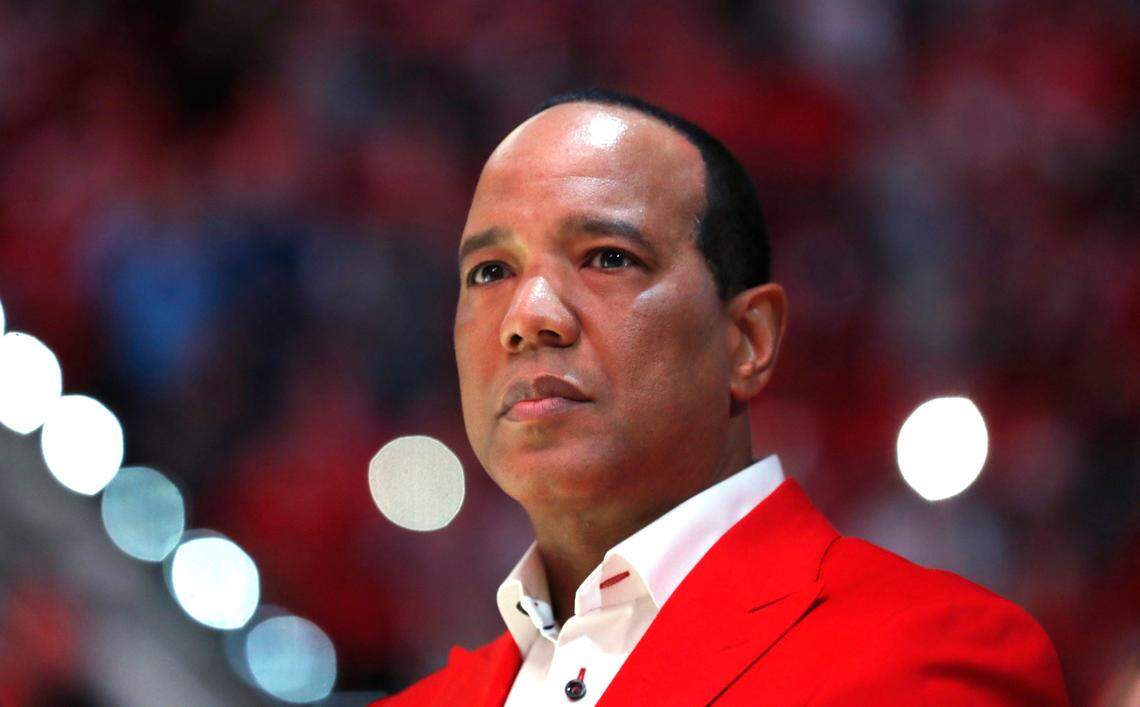 N.C. State head coach Kevin Keatts watches the team introductions before N.C. State’s game against UNC at PNC Arena in Raleigh, N.C., Saturday, Feb. 26, 2022.