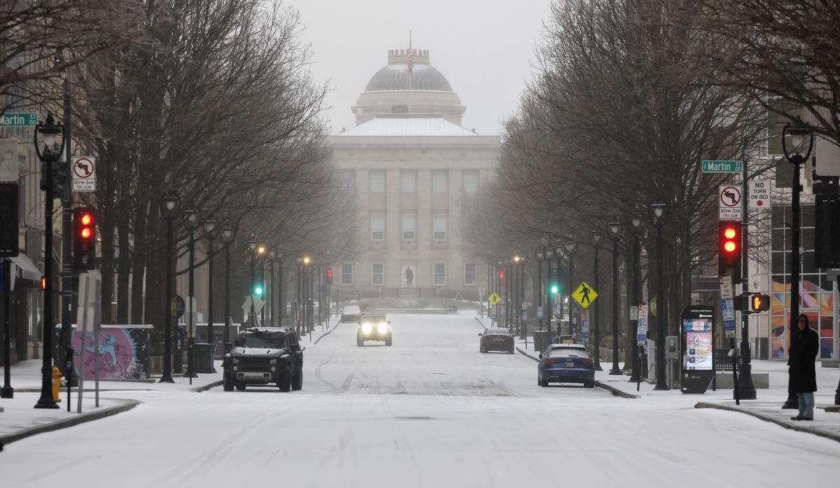 Traffic is light on Fayetteville St. in downtown Raleigh Sunday morning, Jan. 25, 2026.