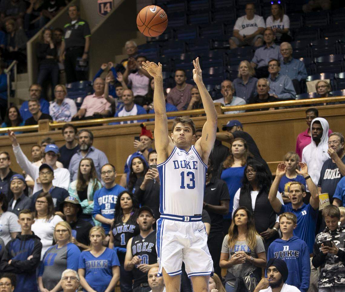 Duke’s Joey Baker (13) launches a three-point shot during the first half against Fort Valley State on Wednesday, October 30, 2019 at Cameron Indoor Stadium in Durham, N.C. Baker lead Duke with 22 points, making 6-8 three point baskets to lead the Blue Devils to a 126-57 victory.