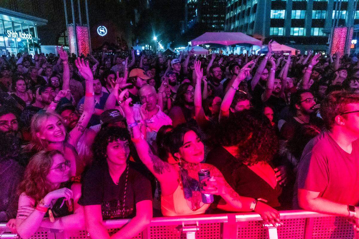 Fans watch as Denzel Curry performs Day 2 of the Hopscotch Music Festival Friday, Sept. 8 2023 at City Plaza in Raleigh.