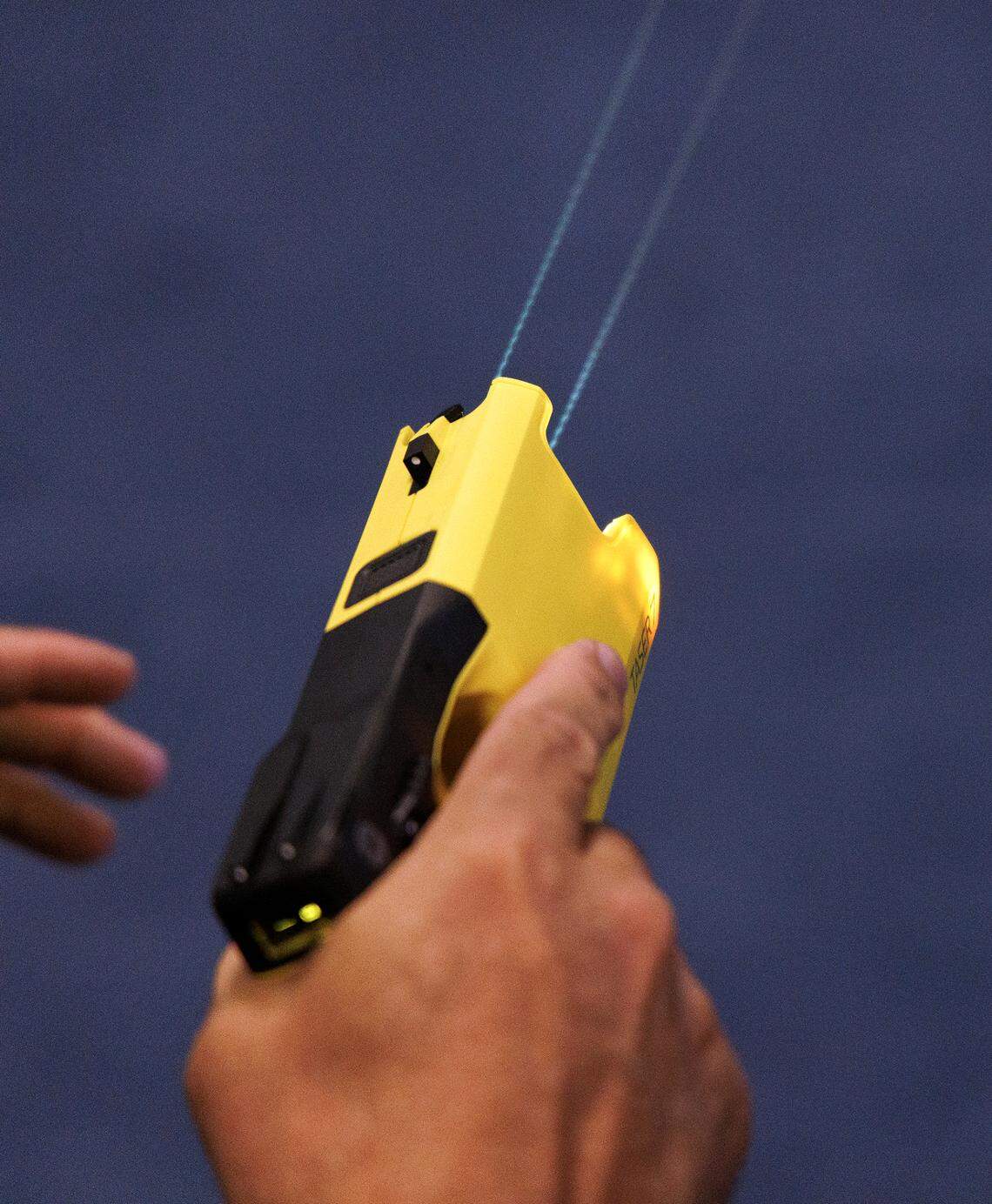 Pinehurst Police Deputy Chief Ken Hall demonstrates the use of a Taser 7 on Tuesday, Oct. 29, 2024, at the Pinehurst Police Department in Pinehurst, N.C.