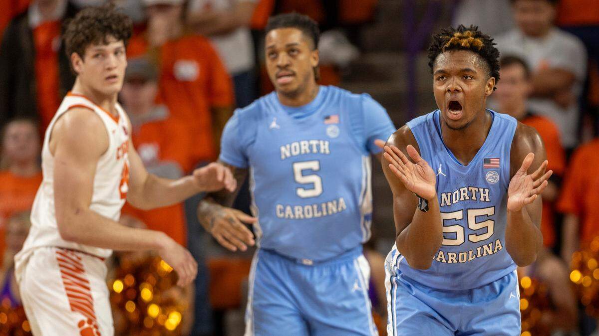 North Carolina’s Harrison Ingram (55) applauds an early lead by the Tar Heels in the first half against Clemson on Saturday, January 6, 2024 at Littlejohn Coliseum in Clemson, S.C.