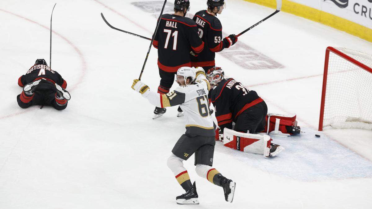 Vegas’ Mark Stone (61) celebrates after Tomas Hertl scored to make the score 5-4 in the third period of the Golden Knights’ 5-4 victory over the Hurricanes in the first game of the Stanley Cup Final at the Lenovo Center in Raleigh, N.C., Tuesday, June 2, 2026.