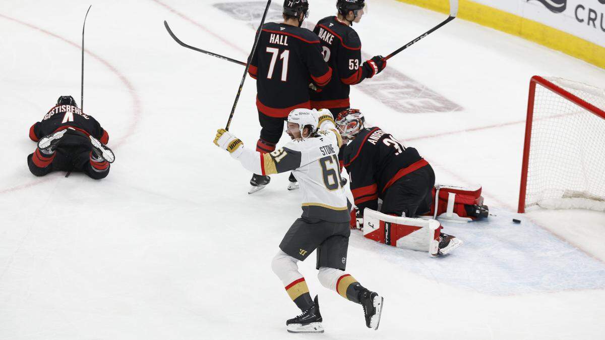 Vegas’ Mark Stone (61) celebrates after Tomas Hertl scored to make the score 5-4 in the third period of the Golden Knights’ 5-4 victory over the Hurricanes  in the first game of the Stanley Cup Final at the Lenovo Center in Raleigh, N.C., Tuesday, June 2, 2026.