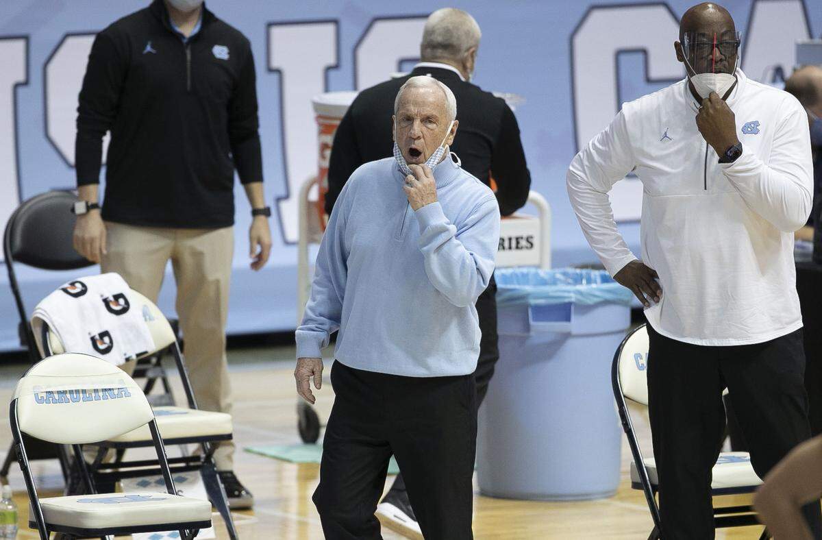 North Carolina coach Roy Williams directs his team on offense during the second half against Marquette on Wednesday, February 24, 2021 at the Smith Center in Chapel Hill, N.C.