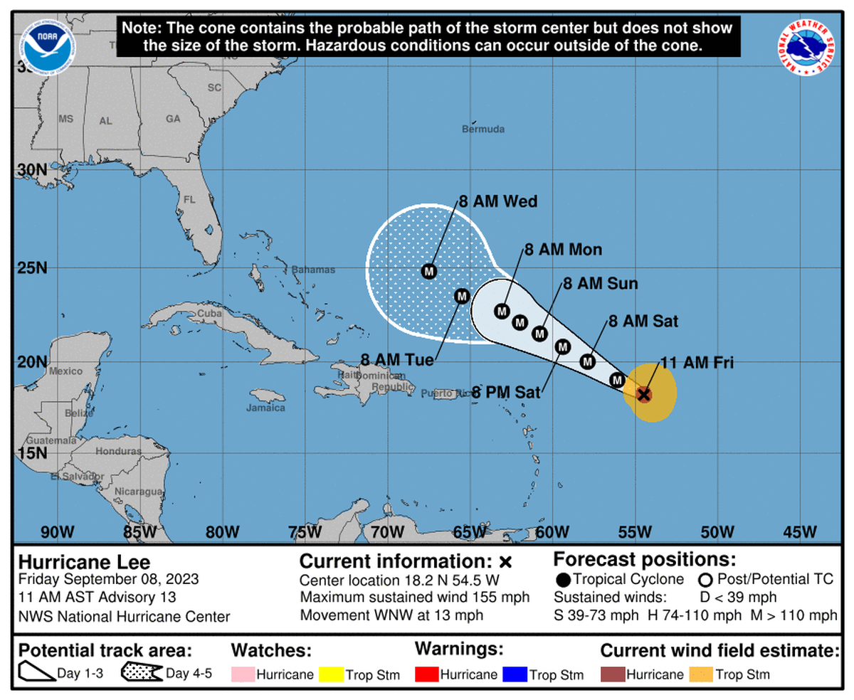 Hurricane Lee achieved Category 5 wind speeds late Thursday before dropping back to a Category 4 on Friday. Most, though not all, computer models show the storm veering to the north sometime next week, but it still will have some effects along the NC and SC coasts.