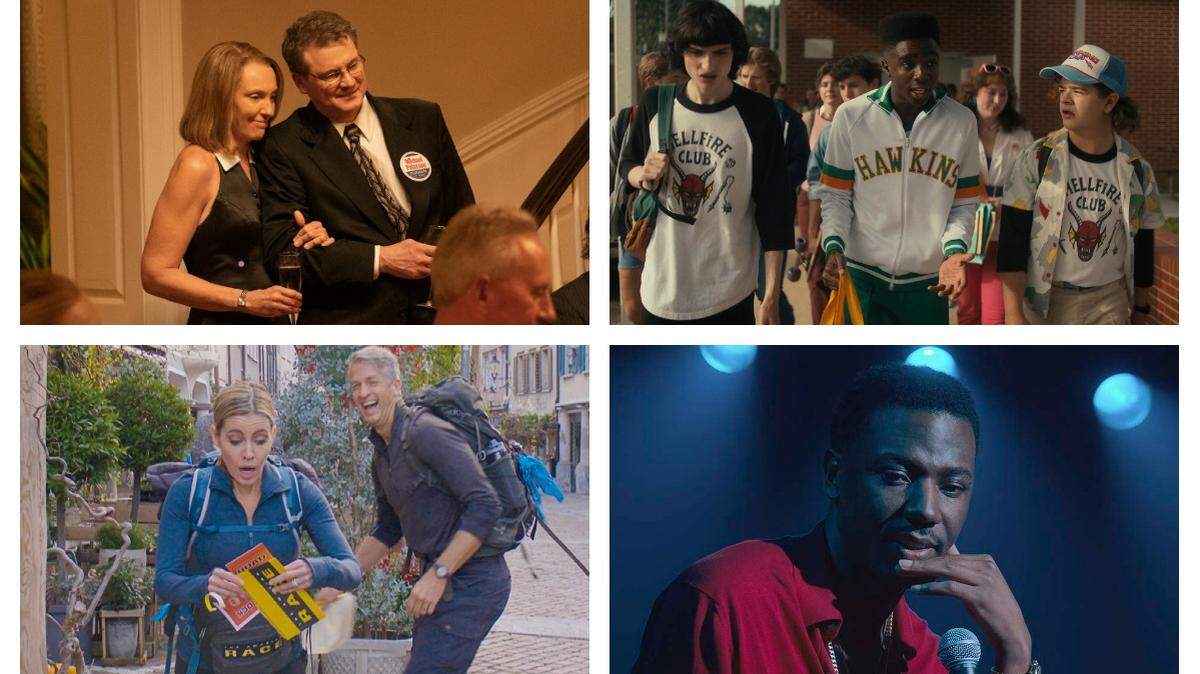 2022 Emmy nominees with ties to North Carolina, clockwise: Toni Collette and Colin Firth in the HBO Max series “The Staircase”; Finn Wolfhard, Caleb McLaughlin and Gatan Matarazzo in “Stranger Things” on Netflix; Jerrod Carmichael in the HBO special “Rothaniel”; and Kim and Penn Holderness in the CBS reality competition series “The Amazing Race.”