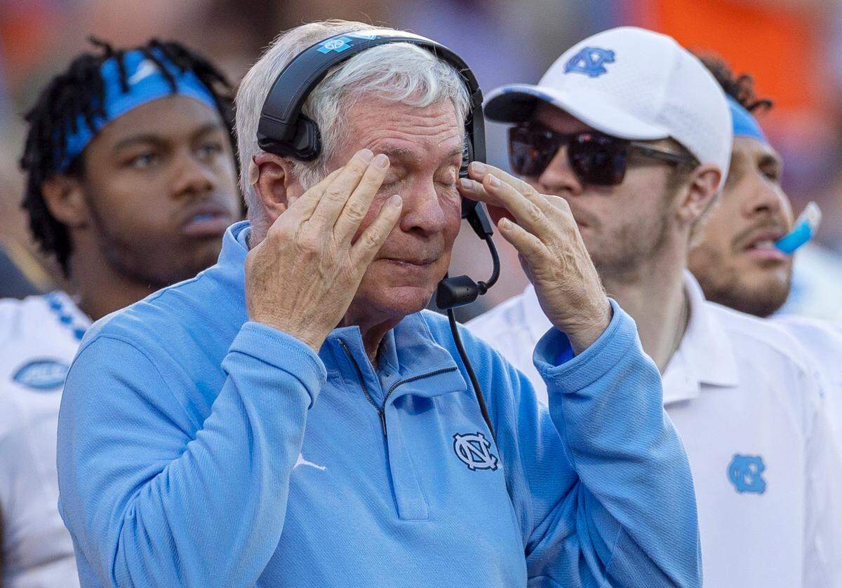 North Carolina coach Mack Brown reacts after a fumble by Omarion Hampton in the end zone, turning the ball over to Clemson in the second quarter on Saturday, November 18, 2023 at Memorial Stadium in Clemson, S.C.