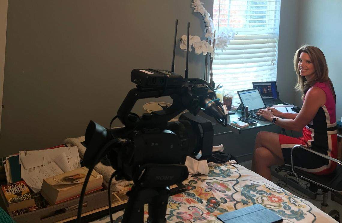 Kathryn Brown, an anchor for WRAL News and Fox 50 News, works from home during the 2020 COVID-19 pandemic. Brown is leaving the news business at the end of November 2020.