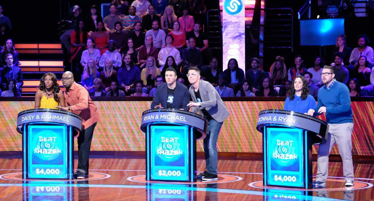 From left: Daisy and Rahmael, Ryan and Michael, and Donna and Ryan in the June 26 episode of "Beat Shazam" on Fox.