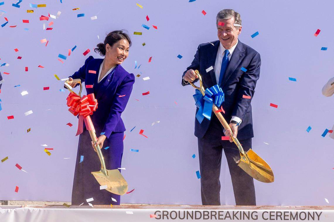 VinFast CEO Le Thi Thu Thuy and Gov. Roy Cooper participate in a a groundbreaking ceremony Friday, July 28, 2023, at the future site of a VinFast plant in Moncure, NC.