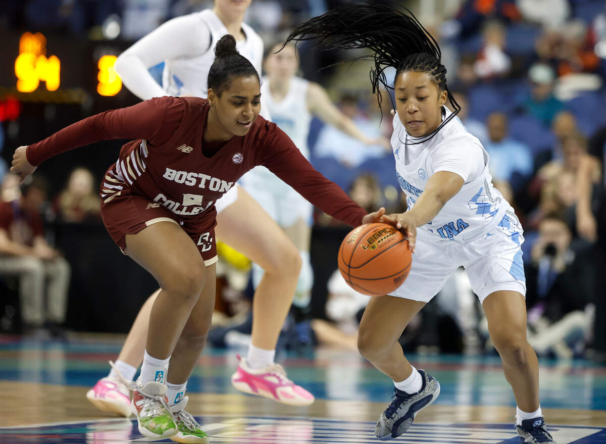 North Carolina’s Grace Townsend pressures Boston College’s Kaylah Ivey during the second half of the Tar Heels’ 78-71 win in the ACC Tournament on Thursday, March 6, 2025, at First Horizon Coliseum in Greensboro, N.C.