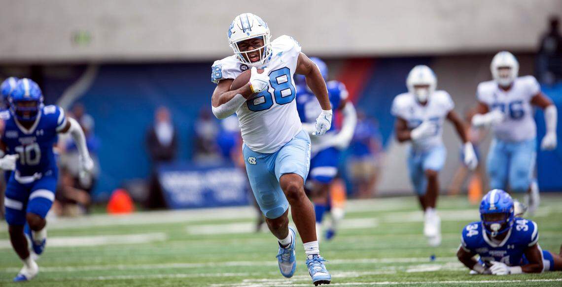 North Carolina tight end Kamari Morales runs for touchdown in the first half of an NCAA college football game against Georgia State Saturday, Sept. 10, 2022, in Atlanta.