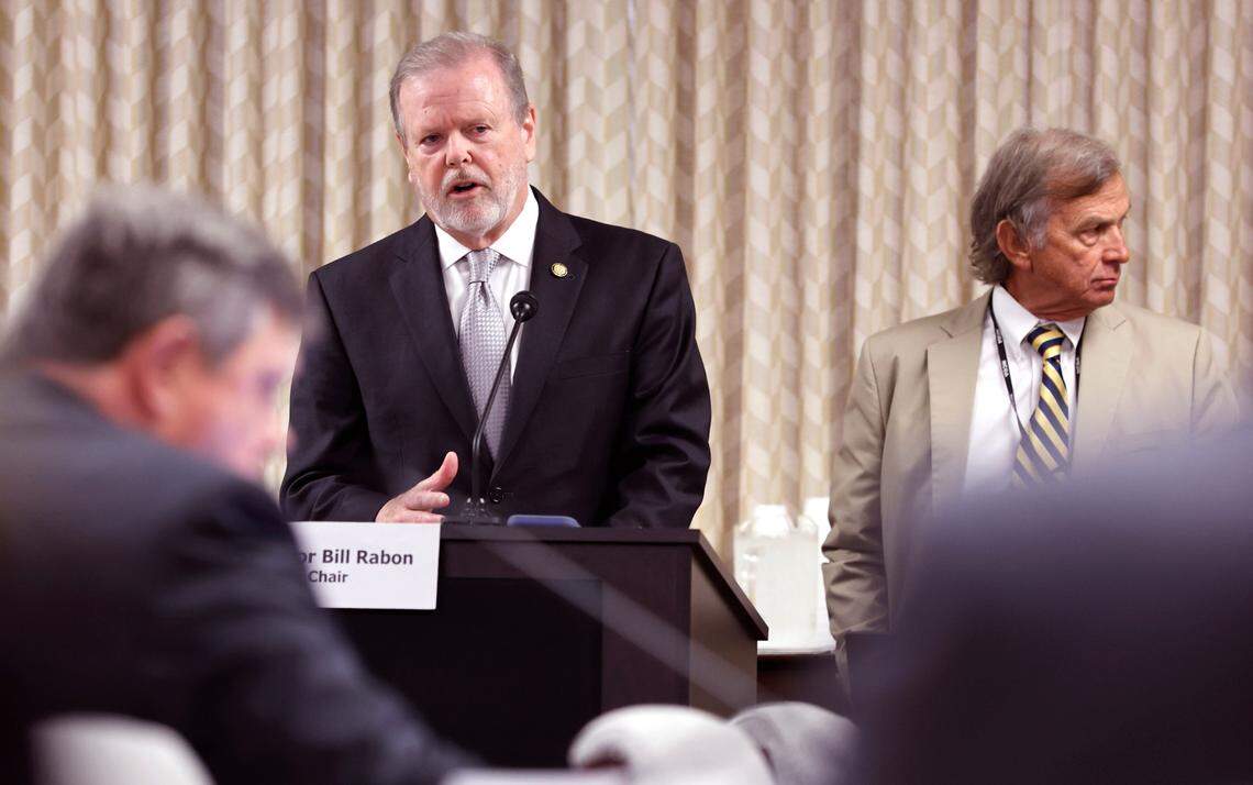 Senate leader Phil Berger talks about HB755, the “Parents’ Bill of Rights,” during a N.C. Senate Rules Committee meeting at the Legislative Building in Raleigh, N.C., Tuesday, May 31, 2022. Rules Committee chair Bill Rabon stands to the right.