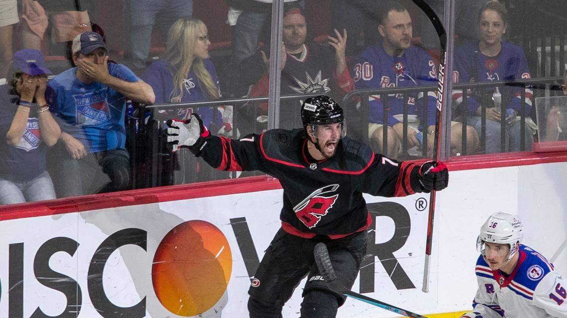 Carolina Hurricanesí Brendan Smith (7) reacts after scoring on New York Rangers goalie Igor Shesterkin (31) to give the Hurricanes a 1-0 lead in the second period on Friday, May 20, 2022 during game two of the Stanley Cup second round at PNC Arena in Raleigh, N.C.