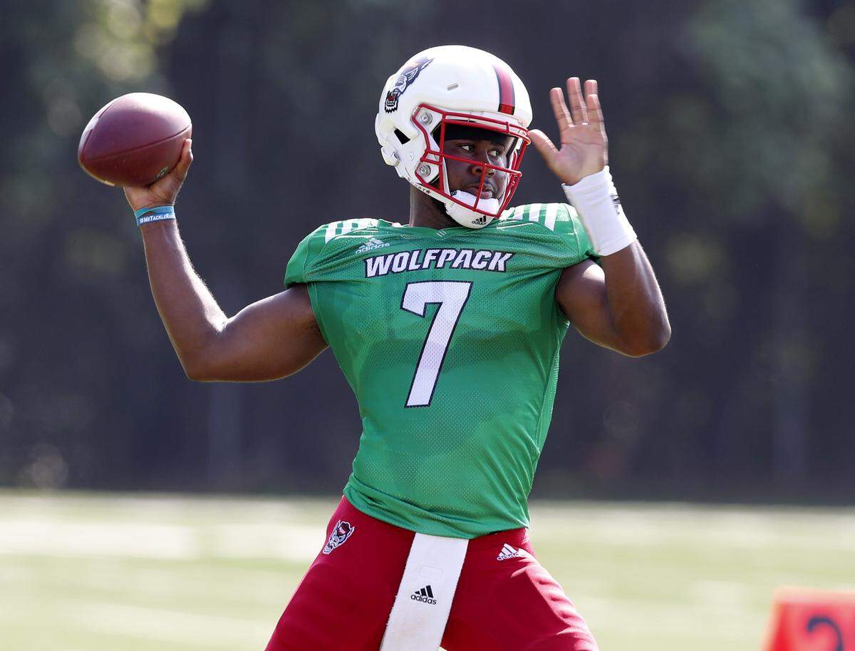 N.C. State quarterback Matthew McKay (7) prepares to throw during the Wolfpack’s practice in Raleigh, N.C. Tuesday, August 6, 2019.