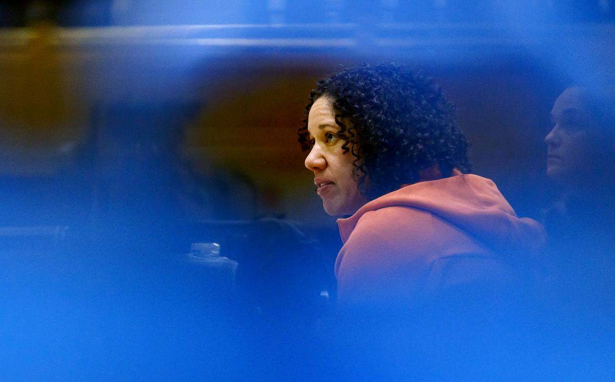 Duke head coach Kara Lawson watches practice on Thursday, March 20, 2025, at Cameron Indoor Stadium in Durham, N.C. The Blue Devils will face 15th-seeded Lehigh  in the first round of the NCAA Tournament on Friday in Durham.