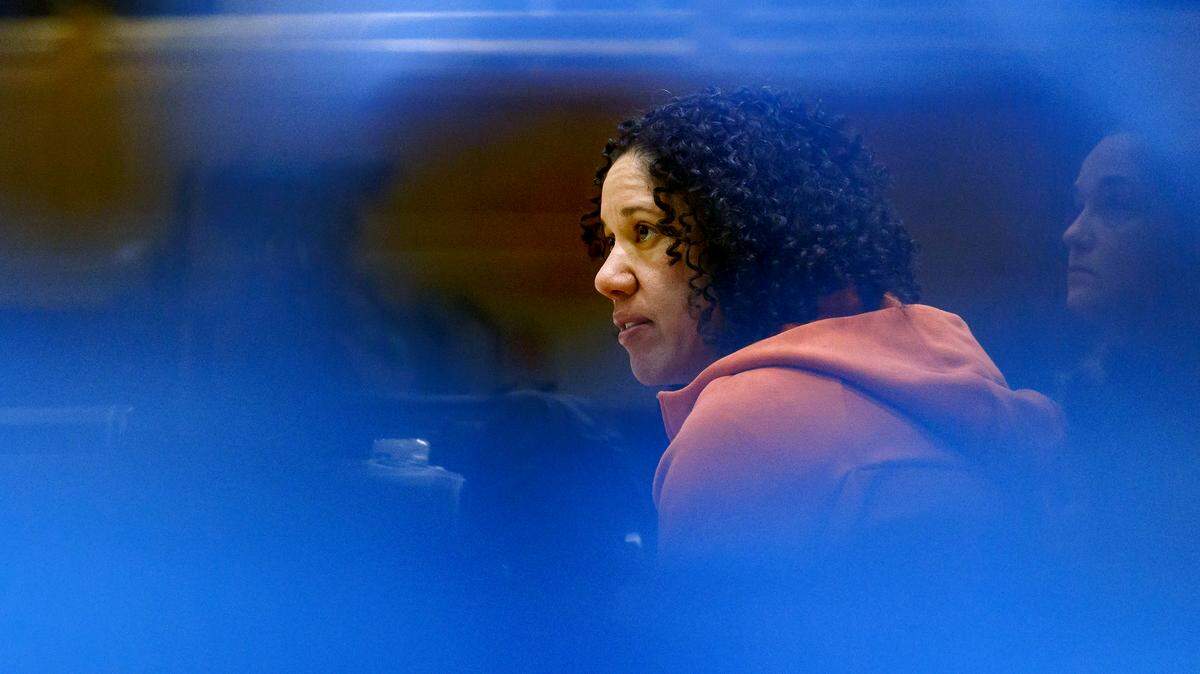 Duke head coach Kara Lawson watches practice on Thursday, March 20, 2025, at Cameron Indoor Stadium in Durham, N.C. The Blue Devils will face 15th-seeded Lehigh in the first round of the NCAA Tournament on Friday in Durham.