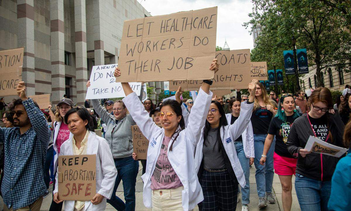 Physicians were among those who rallied outside the N.C. Legislative Building in Raleigh on May 3, 2023 during a “Bans off Our Bodies” event. On July 1, 2023, North Carolina’s new 12-week abortion ban took effect. 