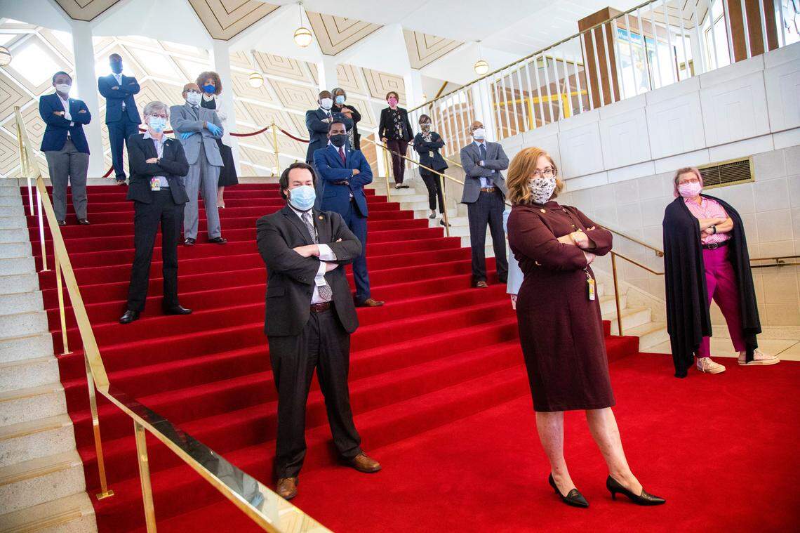 Democratic House members pose for a photograph after the North Carolina House passed its $1.7 billion COVID-19 response bill, called the Pandemic Response Act, on Thursday, April 30, 2020 at the General Assembly.
