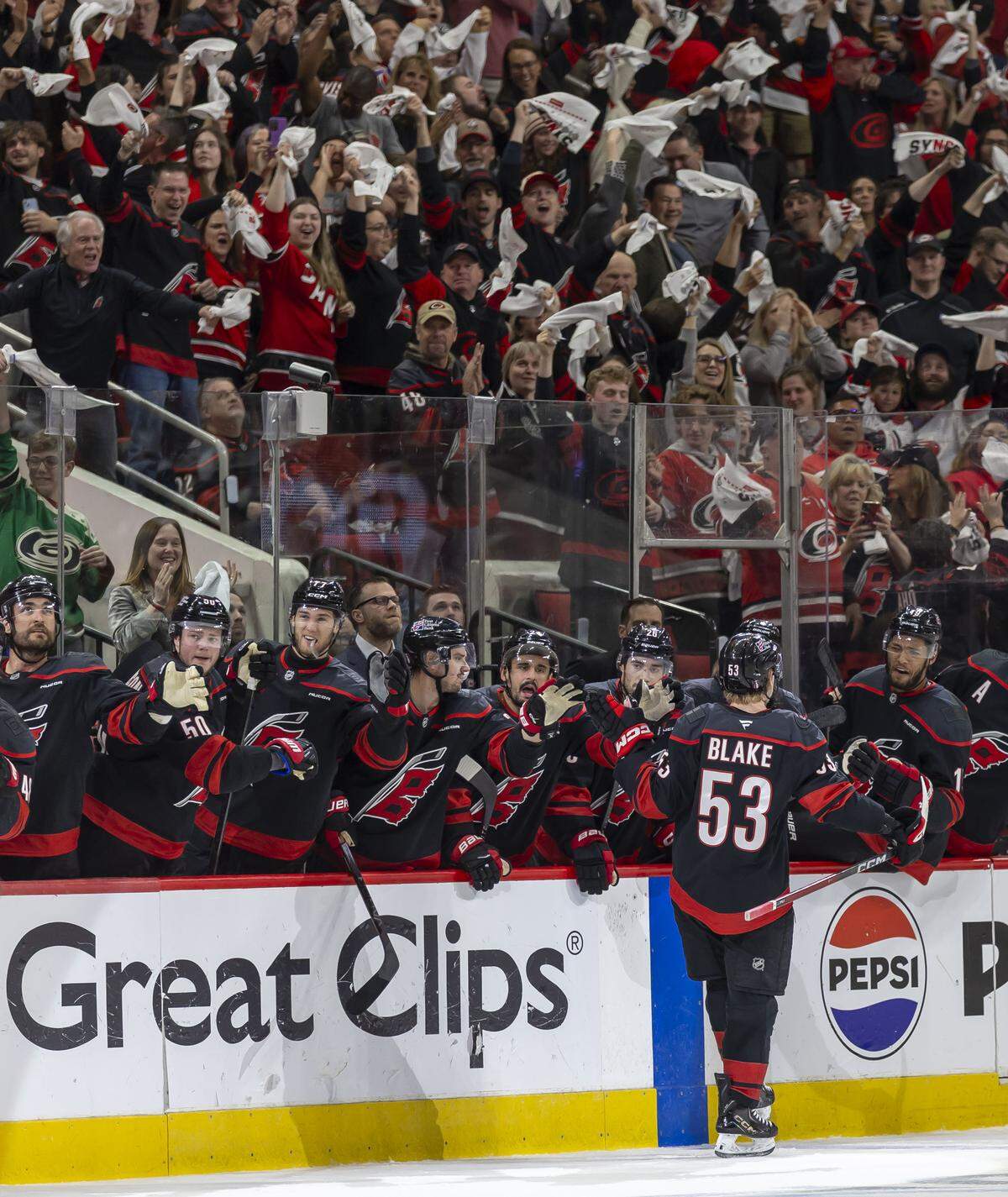 Carolina Hurricanes right wing Jackson Blake skates to the bench after scoring to take a 2-0 lead over Philadelphia in the first period of Game 1 on Saturday, May 2, 2026, during the second round of the Stanley Cup Playoffs at Lenovo Center in Raleigh, N.C.