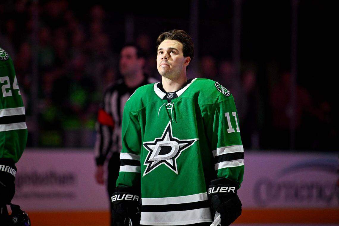Dallas Stars center Logan Stankoven (11) before the game between the Dallas Stars and the St. Louis Blues at the American Airlines Center.