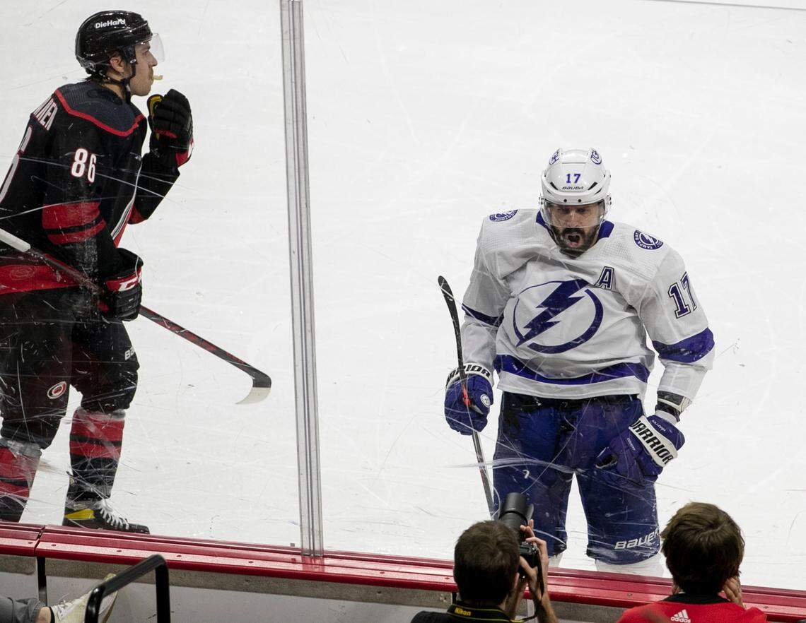 Tampa Bay’s Alex Killorn (17) celebrates after scoring to take a 1-0 lead over the Carolina Hurricanes during the second period in game two of their second round Stanley Cup series on Tuesday, June 1, 2021 at PNC Arena in Raleigh, N.C.
