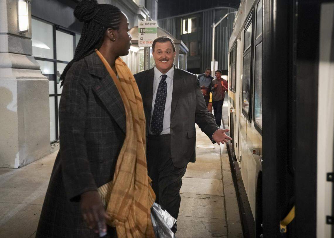 From the new CBS sitcom “Bob (Hearts) Abishola, Folake Olowofoyeku, left, and Billy Gardell.