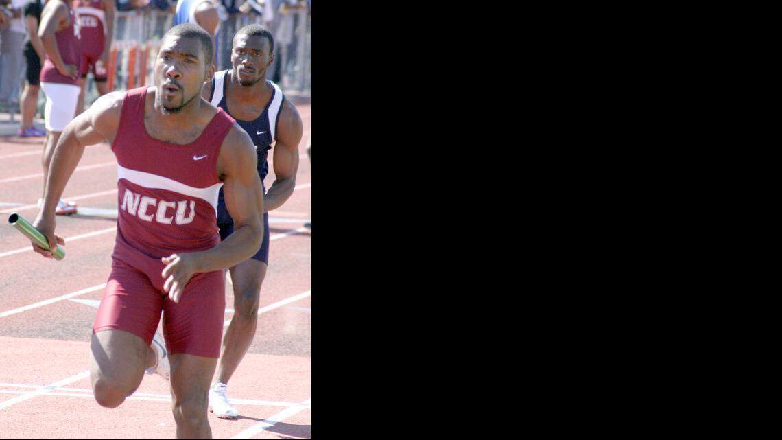 Shareef Abdul Muhammad competes in the 400-yard relay for N.C. Central University. With Muhammad as a member, the relay team earned NCAA Division II All-American honors in 2004 and 2007.
