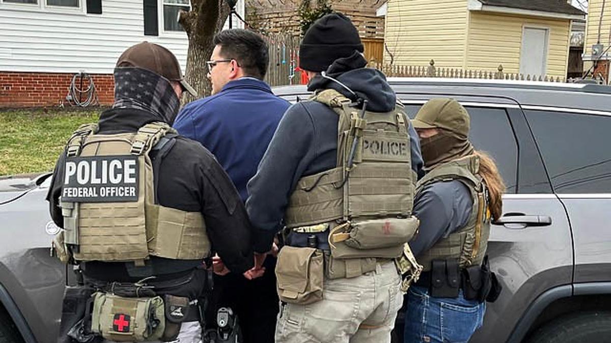 An ICE enforcement team arrests an immigrant in Arlington, Virginia, on Tuesday, Feb. 11, 2025. ICE officers are working with multiple federal agencies, including Homeland Security Investigations, the FBI and the Bureau of Alcohol, Tobacco, Firearms and Explosives.