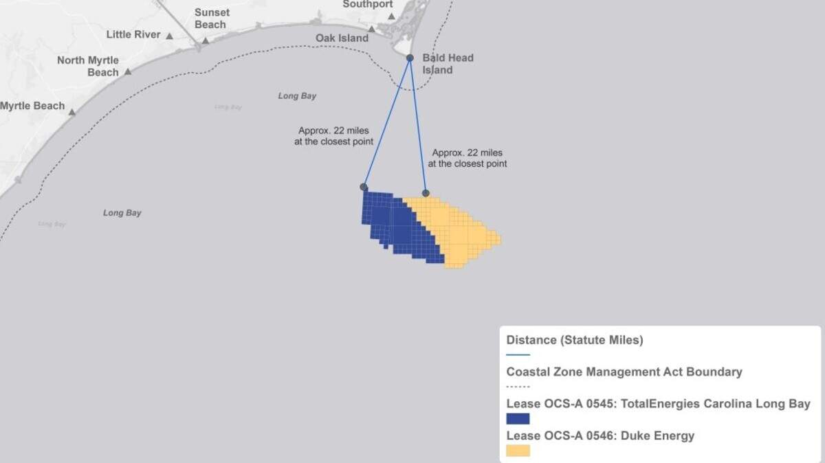 A N.C. Utilities Commission decision later this year could have a huge impact on the future of offshore wind in North Carolina, industry officials said Friday. This map shows a pair of leases held by TotalEnergies and Duke Energy off of the Brunswick County coast.