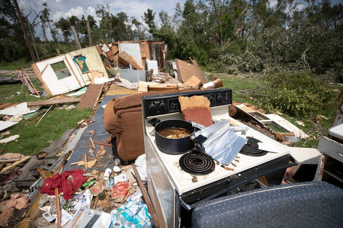 A stove with a pot still on a burner remains intact, while the rest of the mobile home was destroyed by a tornado, spawned by Hurricane Isaias, on Morning Road on Wednesday, August 5, 2020 in Bertie County, N.C.