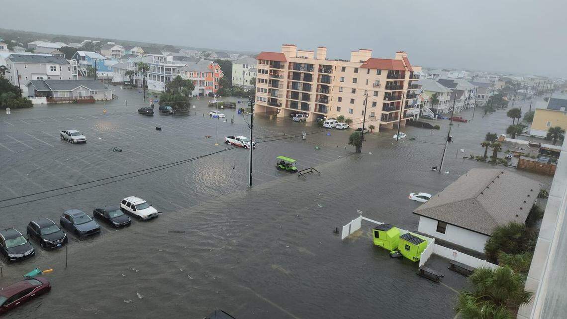 Looking north from the Carolina Towers at Carolina Beach, flood waters cover U.S. 421 and all the visible side roads after more than a foot of rain fell Monday as a result of an unnamed coastal storm.