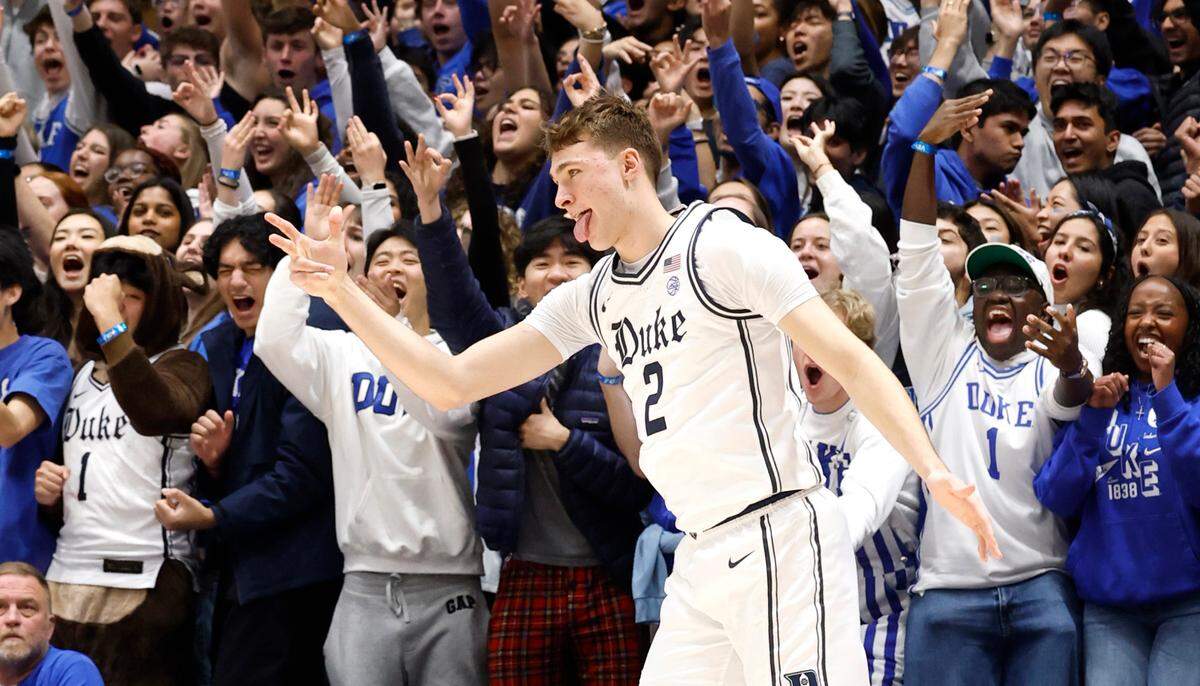 Duke’s Cooper Flagg (2) celebrates hitting a three-pointer during the first half of Duke’s game against Notre Dame at Cameron Indoor Stadium in Durham, N.C., Saturday, Jan. 11, 2025.