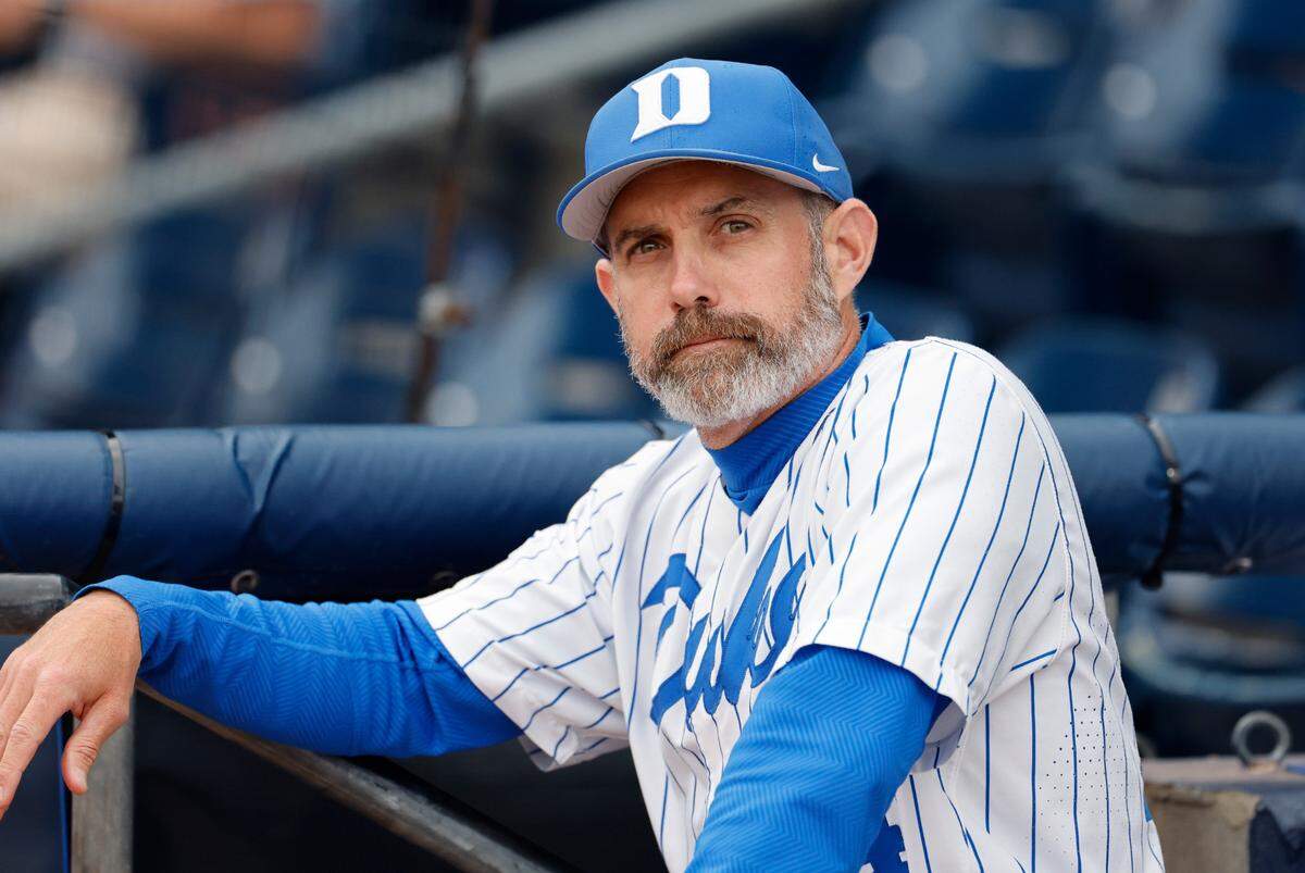 Duke coach Chris Pollard watches before the Blue Devils’ game against N.C. State during the ACC Baseball Championship at the Durham Bulls Athletic Park in Durham, N.C., Tuesday, May 23, 2023.