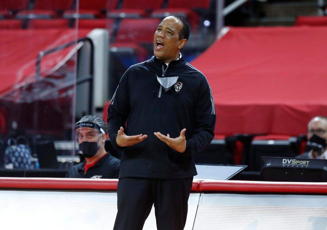 N.C. State head coach Kevin Keatts yells to his team during the second half of N.C. State’s 65-62 victory over Pittsburgh at PNC Arena in Raleigh, N.C., Sunday, February 28, 2021.