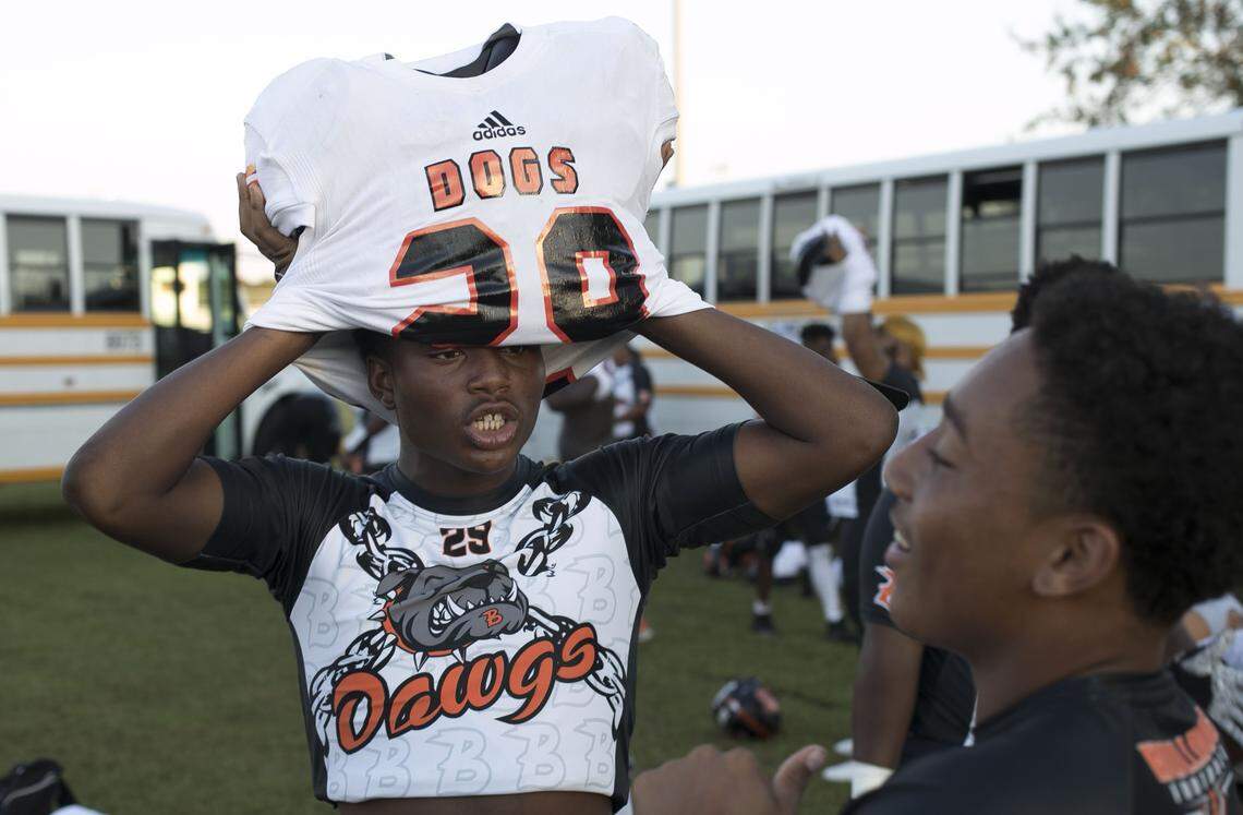 Wallace-Rose Hill’s Jakeem Lanier (29) gets dressed for their game against Spring Creek High School on Friday, October 5, 2018 in Seven Springs, N.C.