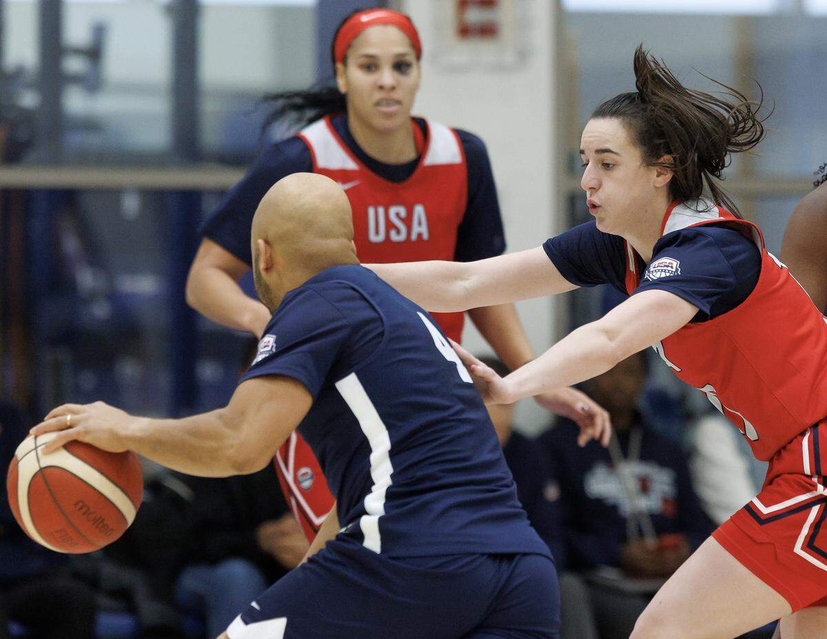 Caitlin Clark pressures the ball during a scrimmage at USA Basketball Women’s National Team training camp on Friday, Dec. 12, 2025, in Durham, N.C.