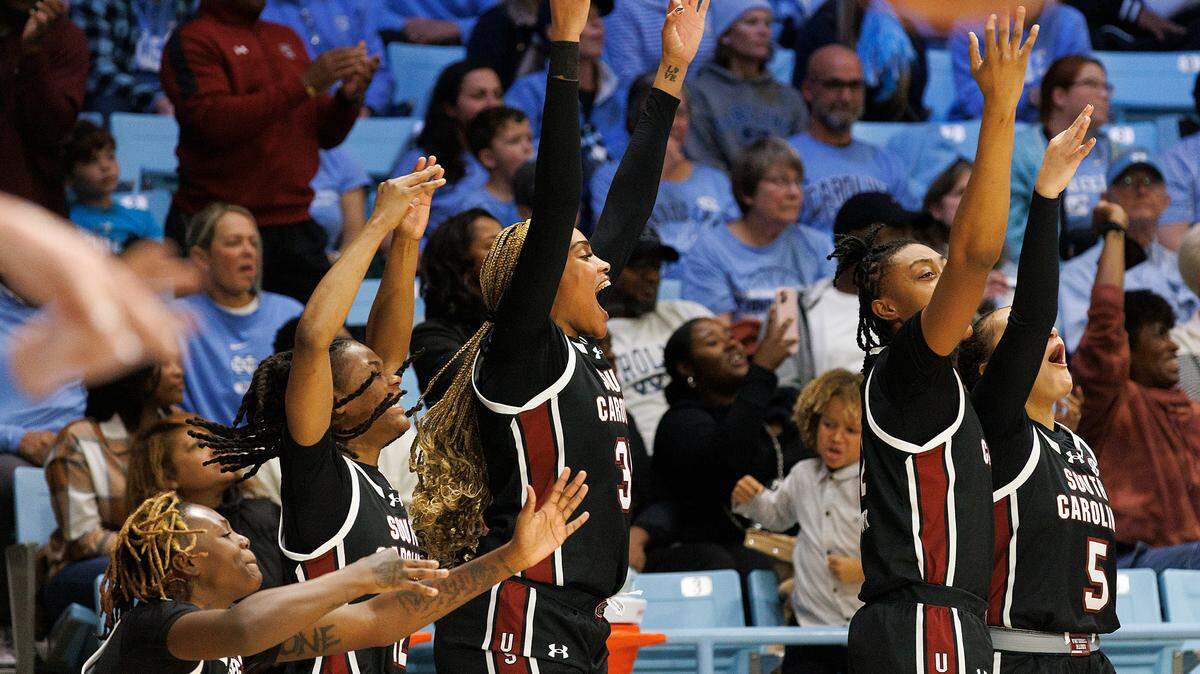 The South Carolina bench reacts following a made basket during the second half of the Gamecocks’ 65-58 win over North Carolina on Thursday, Nov. 30, 2023, at Carmichael Arena in Chapel Hill, N.C.