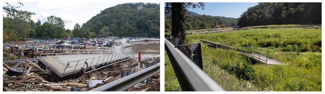 Boats and debris, including a dock, clogged a portion of Lake Lure in the days after Helene. Almost a year later, the boats are gone, but the process of restoring the lake continues.