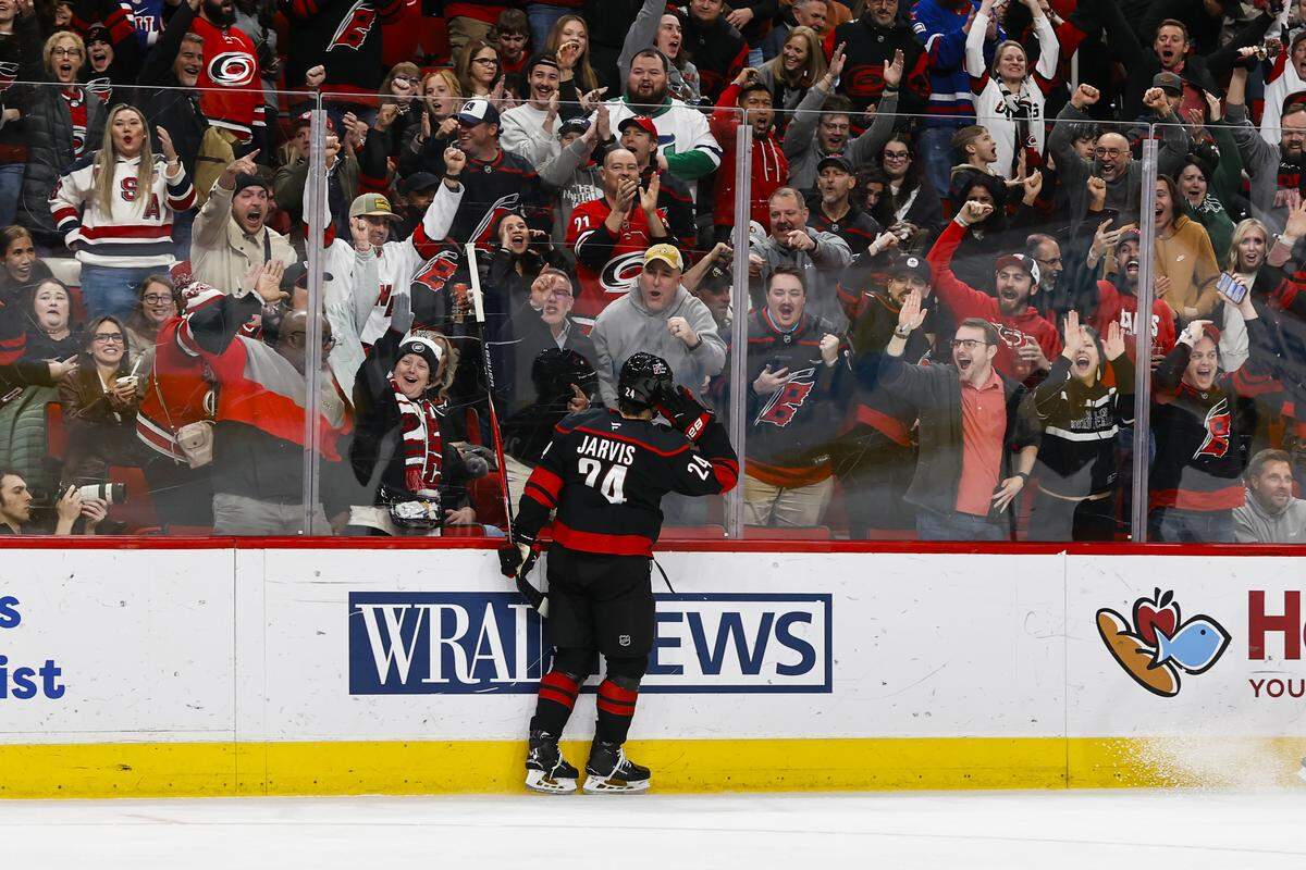 Seth Jarvis (24) of the Carolina Hurricanes celebrates after scoring a goal during the second period against the Ottawa Senators at Lenovo Center on Feb. 3, 2026 in Raleigh, North Carolina.