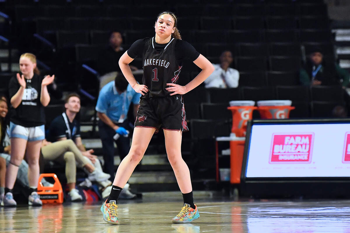 Wakefield’s Sydney Conti reacts to a call against her team for Hoggard during the second half. The Wakefield Wolverines and the Hoggard Vikings met in the NCHSAA 4A East Regional Final in Winston-Salem, N.C. on March 12, 2025. Wakefield wins 31-23.