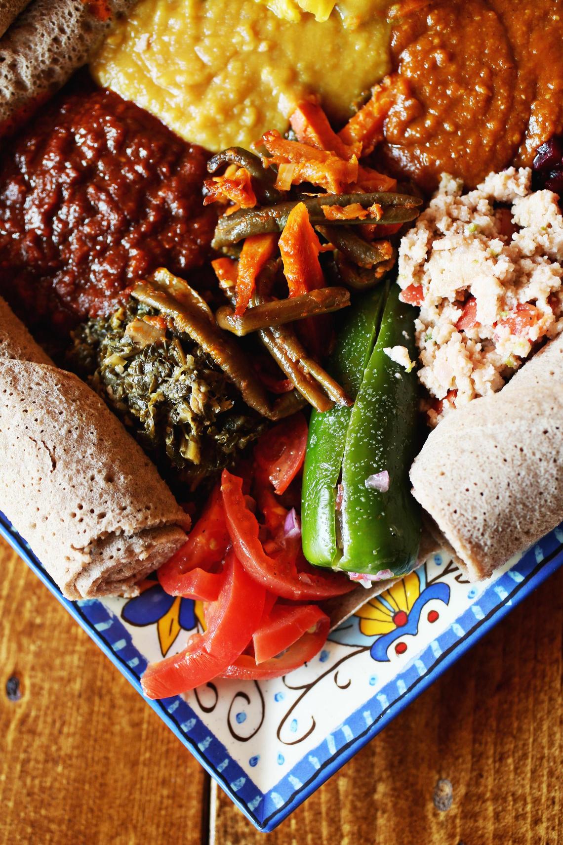 The veggie combo is a colorful rainbow of spices for the eye as well as the palate at Goorhsa.