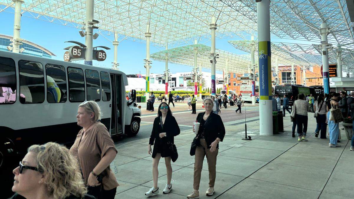 Visitors stand outside the central High Point Market area in High Point, North Carolina during the 2024 spring event. The fall market begins this weekend.