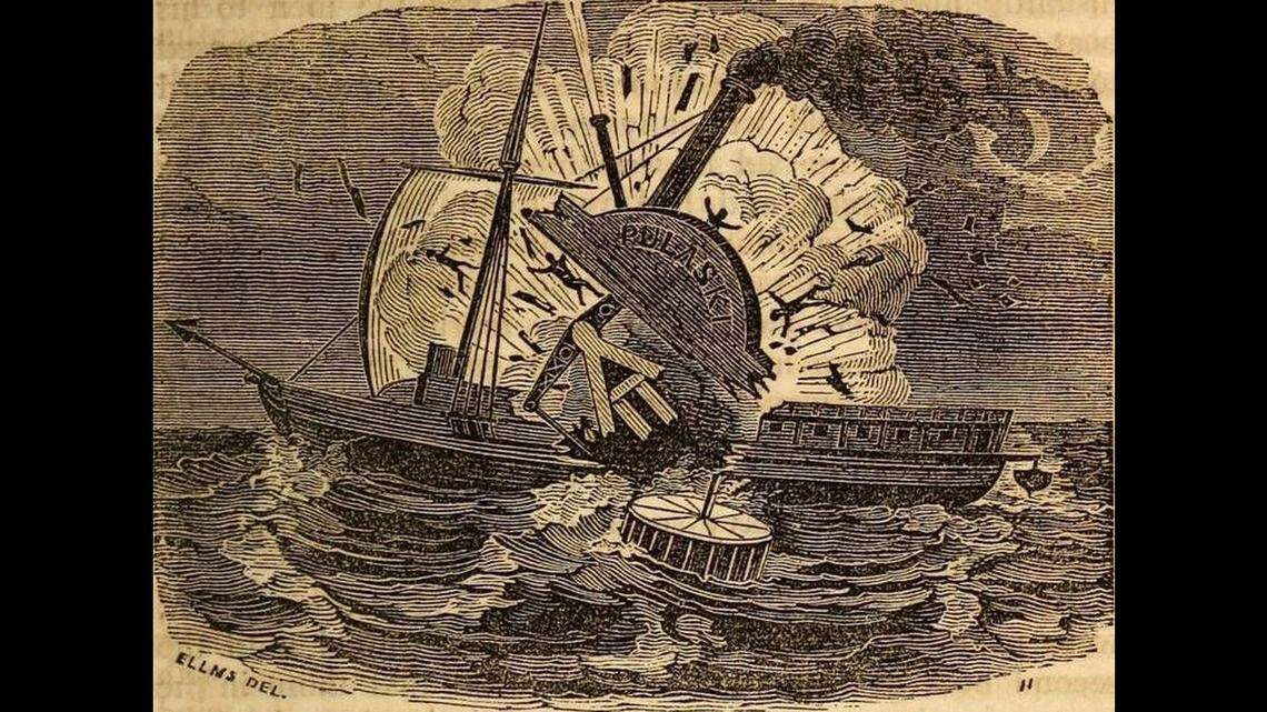 This photo of the Pulaski explosion from the 1848 book by Charles Ellms shows one of the paddle wheels was among the first things to fall off ship.