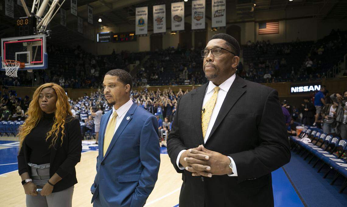 Fort Valley State coach Mark Sherrill stands with his team prior to their exhibition game against Duke on Wednesday, October 30, 2019 at Cameron Indoor Stadium in Durham, N.C. Sherrill was befriended by Mike Krzyzewski as a young man growing up in Durham.