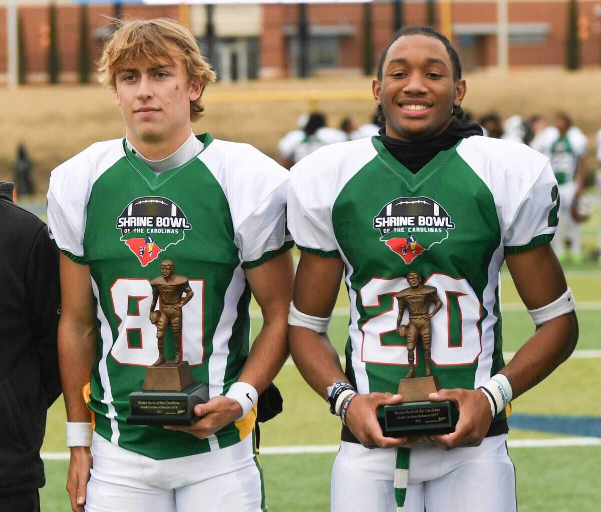 North Carolina kicker Nolan Hauser of Hough High, NC offensive MVP and North Carolina defensive back Landan Callahan of Reagan High, committed to Duke University NC defensive MVP after the Shrine Bowl of the Carolinas football game at Viking Stadium in Spartanburg, S.C. Saturday, December 16, 2023. South Carolina won 24-0.