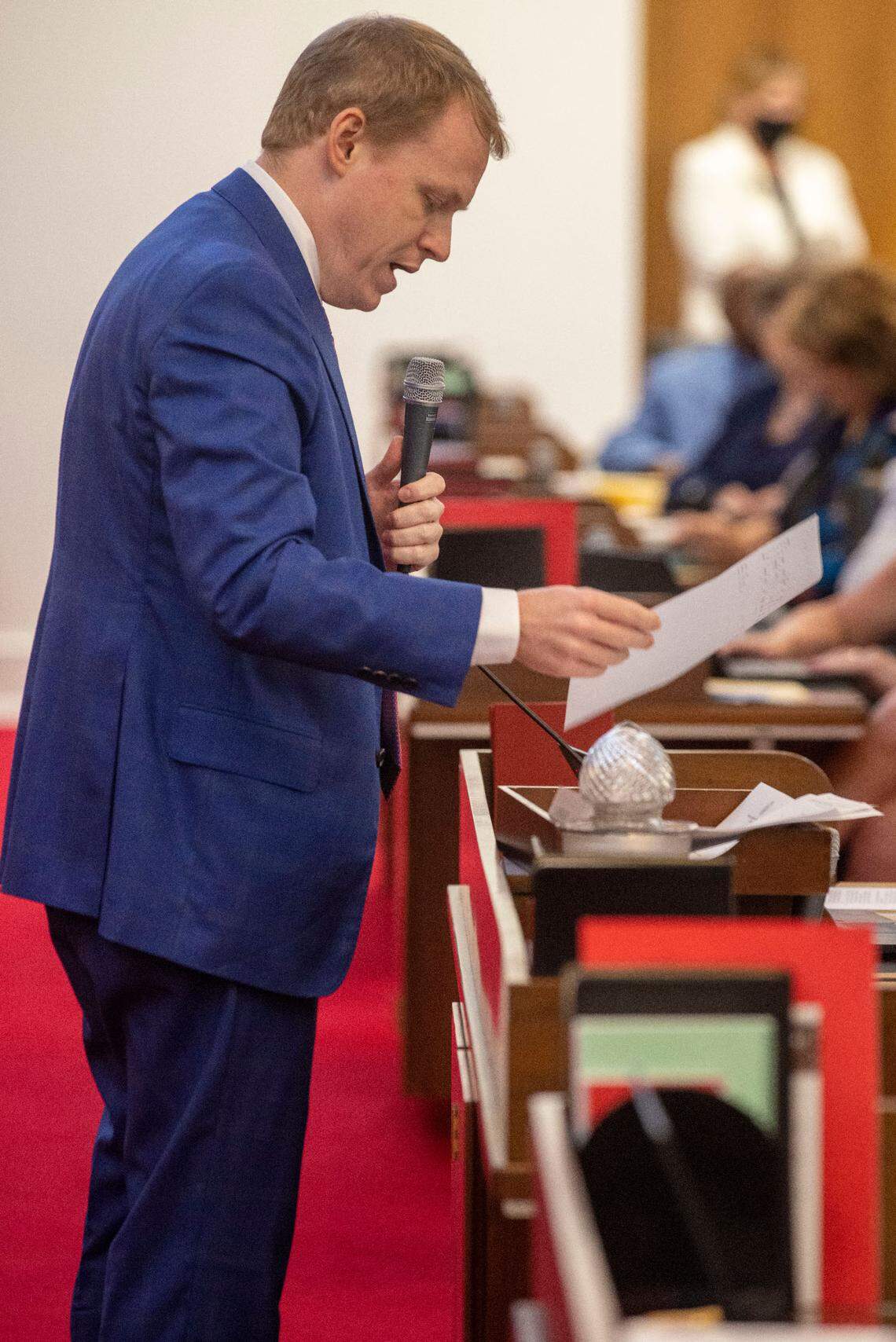 Rep. Destin Hall speaks in favor of HB 324 during debate on the the House floor on Wednesday, September 1, 2021 in Raleigh, N.C.